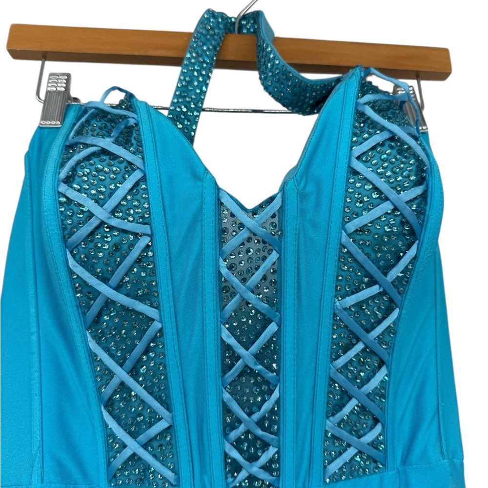 Jovani D5034A Corset Aqua Blue Halter Rhinestone Prom Pageant Maxi Dress -8 NEW - Picture 7 of 16